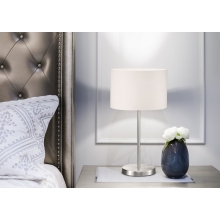 Lampa stołowa nocna z abażurem Hotel Biały/Nikiel Mat Trio do salonu i sypialni.