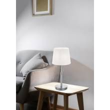 Lampa stołowa nowoczesna z abażurem Lyon Nikiel Mat Trio do sypialni i salonu.