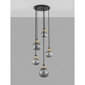 Lampa wisząca Luxes V 50cm, żyrandol 5 ramienny z efektem lustra. Pięć szklanych kul w dymionym kolorze, złote oprawki E27. Nowoczesny design, idealny do wnętrz loftowych i industrialnych. Elegancka, stylowa lampa do salonu lub jadalni. 2