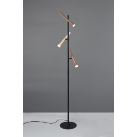 Lampa podłogowa LED Fiato Trio 150cm - minimalistyczna lampa stojąca ze ściemniaczem. Trzy regulowane ramiona, czarna podstawa, brązowe i jasne drewniane elementy.  Nowoczesny design, funkcjonalne oświetlenie. 2