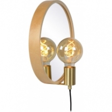 Stylowy Kinkiet okrągły z lustrem Reflex drewniano-złoty Lucide do przedpokoju