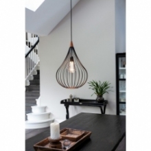 Lampa druciana wisząca z drewnem Drops 38cm czarna HaloDesign | Lampy wiszące do salonu, kuchni i sypialni