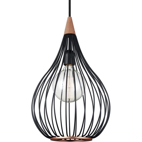 Lampa druciana wisząca z drewnem Drops 30cm czarna HaloDesign | Lampy wiszące do salonu, kuchni i sypialni