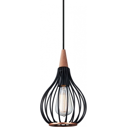 Lampa druciana wisząca z drewnem Drops 17cm czarna HaloDesign | Lampy wiszące do salonu, kuchni i sypialni