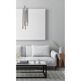 Lampa wisząca nowoczesna ściemniana Organic 20 LED chrom MaxLight - żyrandol metalowy. Elegancki design, 20 źródeł światła LED, chromowane cylindryczne klosze.  Świetnie sprawdzi się w salonie lub jadalni.  Regulacja intensywności światła. 2